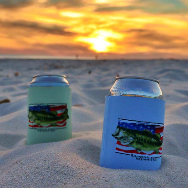 Largemouth Bass Can Coolers on the Beach at Sunset